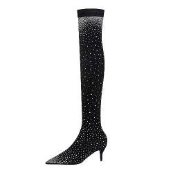 Winterstiefel Damen, Winterstiefel Damen mit Absatz Stilettos Glitzer Strass Overknee Stiefel Elegant Langschaft Boots Lang Stiefeletten Sparkly Party Stiefele Frauen Spitze High Heels von Generic