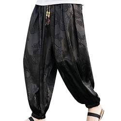 Baggy Freizeithose Herren Seide Silky Satin Haremshose Elegante Aufdruck Sticken Loose Fit Casual Bequeme Sommer Streetwear Y2k Retro Dünne Hosen Fashion Pants Mit Taschen-Schwarz-XL von Generisch