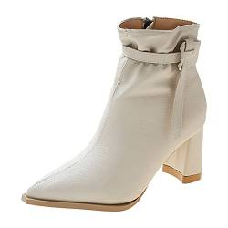 Boot Stiefel Damen Stiefel Damen Reiten Mode Mode Frauen Einfarbig Warmhalten Winter Dicke Sohle Quadratische Absätze Reißverschluss Kurze Booties Cowboy Hemd Festival Schuhe Stiefel Damen (White, 38) von Generisch