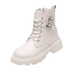 Boots Damen Schwarz SchnüRStiefel Schuhe Boots Mode Frauen Kunstleder Einfarbig Dicke Sohle Quadratische Fersen Schnalle Kurze Stiefeletten Runde Zehe Weiß Stiefel Mit Stahlkappe (White, 40) von Generisch