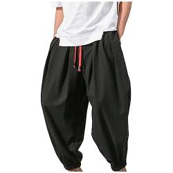 Cargo Hosen Männer, Men's Japanese Cotton Linen Cropped Pants Loose Wide-Legged Pants Plus Size Casual Pants Toji Fushiguro Pants Goa Hose Leinen Männer Elegant Jeans Mit Gummizug (M, Schwarz) von Generisch