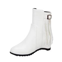 Cowboy Hemd Festival Schuhe Stiefel Damen Stiefel Einfarbige Damen-Lederquaste mit Gürtelschnalle, seitlicher Reißverschluss, innere Erhöhung, kurze Cowboy Hemd Festival Schuhe Stiefel (White, 37) von Generisch