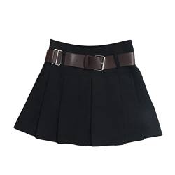 Damen Mit Gürtel Falten Halbrock Kurzer Rock Hohe Taille A Linie Regenschirmrock Minirock High Waist Damenrock Kurze Plissee Röcke Kurz Streetware Plisseerock Sexy Mini Faltenrock (Black, S) von Generisch