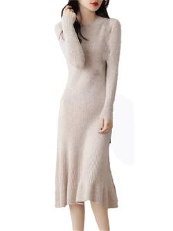 Damen Strickkleid Wollkleid Langarm Rundhals Freizeitkleid High Stretch A-Linie Kleid, beige, L von Generisch