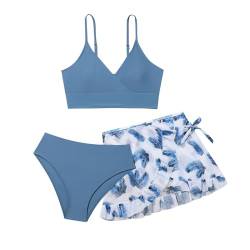 Generisch 3 Teilige Mädchen Bikini Set Badeanzüge für Mädchen, Bikini Top+Shorts+Slips Badeanzug Kinder Teenager Mädchen Badebekleidung mit Blumenmuster Schwimmanzug 13-14 Jahre von Generisch