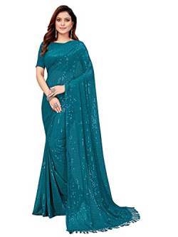 Generisch Aashita Creations Damen Pailletten Georgette Fancy Sari mit Bluse, blaugrün, One size von Generisch