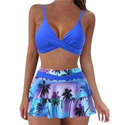 Generisch Bikini Damen Set Push Up Crossover Bikini Bademode Tropenmuster Falten Baderock mit Innenslip Zweiteiliger Badeanzug Swimsuit(BU1, L) von Generisch