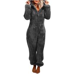 Generisch Damen Jumpsuit Kuschelig Pyjama Overall Hausanzug Lang Warme Schlafanzug Teddy Fleece Nachtwäsche Einfarbig Loungewear Flauschig Strampler Plüsch Ganzkörperanzug Pyjamas Anzug mit Kapuze von Generisch