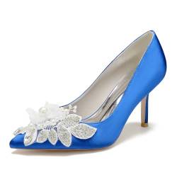 Generisch Damen Perlen Satin Brautschuhe Blumen Spitze Zehen Pumps Stiletto Heel Pumps Braut Hochzeit Abend Party Schuhe Frauen Strass Satin Abendparty Brautschuhe,Blau,37 EU von Generisch