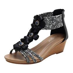 Generisch Damen Sommermode Klassischer Ethnischer Stil High Heels Dicke Sohlen Open Toe Atmungsaktive Vintage Keilsandalen Breite Füße Schuhe Damen (Black, 42) von Generisch