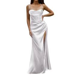 Generisch Damen sexy Satin Korsett Maxikleid Seidige Riemen Push Up Bandeau Cocktail Abschlussball Kleid Fischgräte gerüscht Frauen Lange Abend Party Kleider(Weiß, M) von Generisch