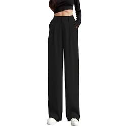 Generisch Damenhose mit weitem Bein Elastische Business Arbeitshose mit hoher Taille Damen Lange gerade Anzughose für Sommer Leicht knopf Chino Hose(Schwarz, M) von Generisch