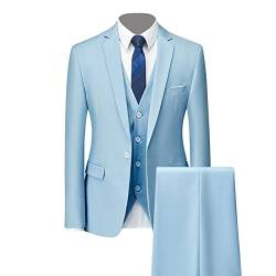 Generisch Formales 3 Teiliges Anzug Set für Herren Slim Fit Hochzeits Smoking mit 1 Knopf Revers Stilvolle Business Party Blazer Weste Hose (Hellblau,M) von Generisch