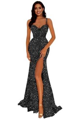 Generisch Frauen Meerjungfrau Pailletten Abschlussball Kleider V-Ausschnitt RüCkenfrei Brautjungfernkleid Langer Schlitz Formelle Abendparty Ballkleid Black XS von Generisch