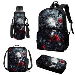 Generisch Kinder Schultaschen Schädelmuster Und Blumen Set 4Pcs,Rucksack Mit Lunchbag Bleistiftbeutel Wasserflaschentasche Set Große Kapazität, Wasserdicht (Weiß,43X32X16cm) von Generisch