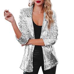 Generisch Pailletten Blazerr Jacke Damen Langarm Glitzer Bomberjacke Slim Fit Pailletten Jacke Elegant Kurz Sakko Einfarbig Blazermantel Teenager Mädchen Streetwear Party Glänzend Jacke (1-Silver, S) von Generisch