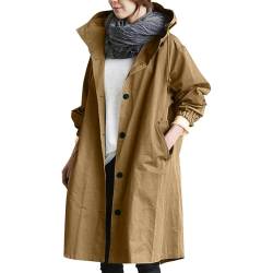 Generisch Regenjacke Damen Lässige Einfarbig Knopfleiste Windbreaker Leichte Lange Outdoorjacke Große Größen Atmungsaktiv Übergangsjacke Winddicht Trenchcoat Windjacke mit Taschen(AB-Khaki,XXL) von Generisch