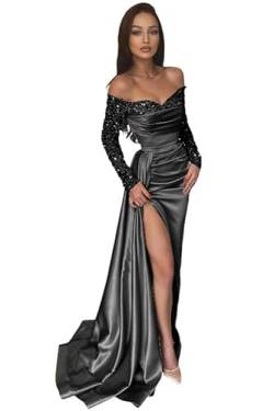 Generisch Schulterfreie Meerjungfrau Abschlussballkleider für Frauen Pailletten-Satin-Ballkleider Langärmeliges formelles Abend-Maxikleid Black L von Generisch