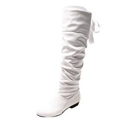 Generisch Stiefel Damen Springerstiefel Damen Boots einfarbig Torfleder Fliege hinten Dicke Ferse Lange Stiefel Western Boots Damen Stiefel Kinder Schuhe (White, 40) von Generisch