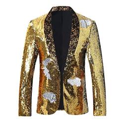 Glänzender Pailletten Blazer für Herren Schmal Geschnittener Smoking Sportmantel mit Schalkragen Party Hochzeit Bankett Abendkleid Anzug Jacke (4XL,Golden 3) von Generisch