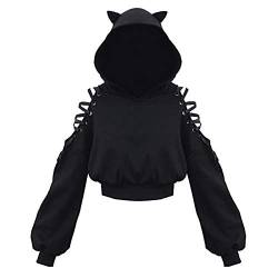 Gothic Hoodie Damen Crop Pullover Bluse Oberteil Damen-Sweatshirt mit Katzenohren und Langen Ärmeln, lässig, mit Aussparungen an den Seiten, kurzes Oberteil von Generisch