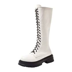 Graue Stiefeletten Damen Stiefeletten Damen Weiß Damen Schnürstiefel aus massivem im britischen Stil mit seitlichem Reißverschluss, flache Modestiefel Boots Damen Plateau Stiefeletten (White, 38) von Generisch