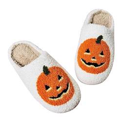 Halloween-Kürbis-Hausschuhe für Damen und Herren, Plüsch, warm, Kürbis-Hausschuhe, bequeme Hausschuhe, Größe 47, weiß, 39 EU von Generisch