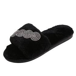 Hausschuhe Damen Geschlossen Cozy Slides Herren Modische - und Winter-Frauen-Hausschuhe mit flachem Boden, rutschfest, offener Zeh, warm, bequem, Hausschuhe Damen Geschlossen Cozy Slides (Black, 37) von Generisch