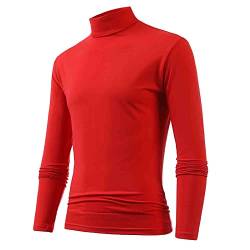 Herren Longsleeve Rollkragenpullover Rollkragenshirt Baumwolle Unterzieh Rolli Elastisch Rollkragen Pulli Langarmshirt (01 Rot, XL) von Generisch