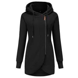 Longpullover Für Damen Fleecepullover Trenchcoat Damen Lang Fleecejacke Winterjacke Langarmshirt Elegant Sweatshirt Zipper Hoodie Kapuzenpullover Dufflecoat Damen Herbst Winter Pulli(Black,M) von Generisch