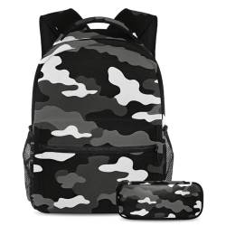 Mode trifft Funktion, 2-teiliges Kinder-Schulranzen-Set mit Rucksack und Federmäppchen, große Kapazität, Reisebuchtasche für Jungen, Mädchen und Teenager, schwarz-weißes Camouflage-Muster, Mehrfarbig von Generisch