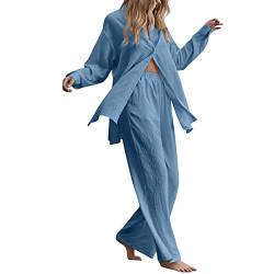 Musselin Pyjama Damen Zweiteiler Baumwolle Leinen Set Einfarbig Elastisch Hausanzug Leicht Loungewear Hohe Taille Weites Bein Hosen Knopfhemd Reverskragen Langarm Warm Atmungsaktive Freizeitanzug von Generisch