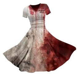 Problem Solved Halloween Kostüm Damen mit Blutigem Muster Mittelalter Kleid I´m Fine Print Halloween Kleid Damen Horror Kostüm Kurzarm V-Ausschnitt Abendkleid Cosplay Sexy Midikleid Halloween Karneval von Generisch