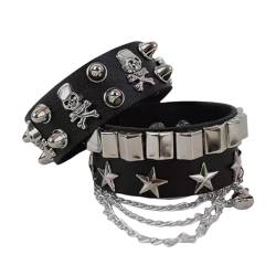 Punk-Armbänder – Breiter Armreif Mit Totenkopf- Und Stern-Motiv | Geisterkopf-Armband, Punk-Rock-Armbänder, Mit Spikes Versehenes Metall-PU-Leder-Schnalle-Armband Für Punk-Accessoires, Kettenarmband F von Generisch