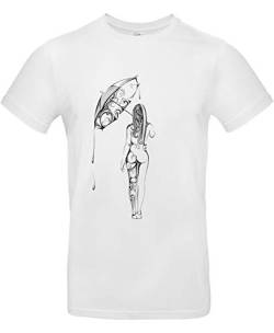 Smilo & Bron Herren T-Shirt mit Motiv Mädchen Regenschirm Bedruckt Weiß White XL von Generisch