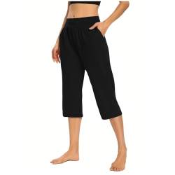 Sommerhose Damen Leicht 3/4 Hosen Sommer Freizeithose Weich Bequem Stoffhose Casual Loose Fit Einfarbig Hose Mit Taschen 2024 Baumwolle Yogahose Sporthose Schwarz L von Generisch