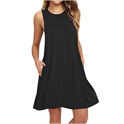 Sommerkleid Damen Kurz Damenkleider Rundhals Ärmellos Minikleid A Linie Sommerkleider Damen Leicht Und Luftig Kleider mit Taschen Kleid Frauen Casual Elegant Strandkleid Dünne Locker von Generisch