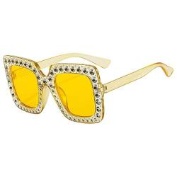 Sonnenbrille mit Strasssteinen, dekorative quadratische Brille, übergroße Sonnenbrille, modische Sonnenbrille, großer quadratischer Rahmen für Mädchen, gelb, Refer to description von Generisch
