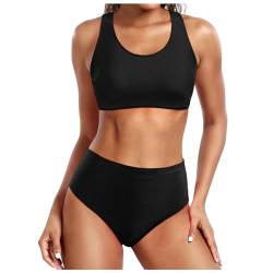 Sport Bikini Damen, Bikini-Sets für Damen, gepolstertes Bikini-Oberteil und High Waist Bikini-Unterteile, bescheidene Badebekleidung, elastische, gerippte Bademode, weicher Sport-Schwimmanzug von Generisch