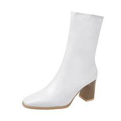 Spring Stiefel Damen Damen Stiefel Stiefel, einfarbig, helles, eckige Zehen, klobige High Heel-Stiefel LederStiefel Damen Western Boots Damen Goth Boots (White, 39) von Generisch