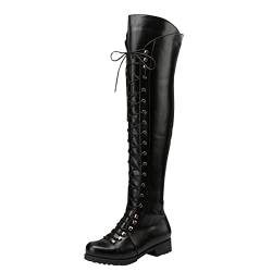 Stiefel Damen Schwarz Boote Gummisteifel Damen Frauen High Heel Stiefel und Winter Mode Einfarbig Einfache Bequeme Runde Zehe Schnürung Quadratischer Stiefel Damen Schwarz Boote (Black, 41) von Generisch