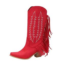 Stiefel Damen Schwarz Damen Stiefel Boots bestickte eckige Ferse einfarbige Fransen hohe Stiefel Schuhe Winter Boots Women Cowboyboots Damen GummiStiefel Damen Stiefel Stiefel Weiß Stiefel (Red, 40) von Generisch