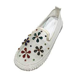 Und Bequem Damen Slipper Damen BarfußSchuhe 2023 Frühlings- und -Ineinander greifen-Rhinestone-Fester Flacher Boden-runde Zehe-Flache Ferse-Art- und Und Bequem Damen Slipper Damen (White, 38) von Generisch