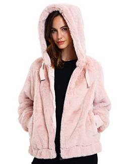 Geschallino Damen Fleecemantel aus Kunstpelz Warme Flauschige zottelige Shearling Kurzjacke mit Kapuze 1712014 Rosa M von Geschallino