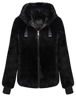 Geschallino Damen Fleecemantel aus Kunstpelz Warme Flauschige zottelige Shearling Kurzjacke mit Kapuze 1712014 Schwarz XXL von Geschallino