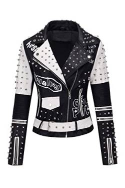 Geschallino Damen-Jacke aus Kunstleder in Übergröße Graffiti-Nietennieten Punk Blumen Moto Biker Mantel 0376Plus Schwarz 5X von Geschallino