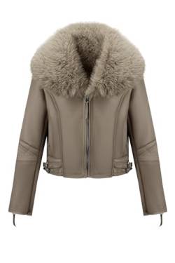 Geschallino Damen Kunstleder Wildlederjacke Sherpa gefüttert Warmer Winter Biker Mantel mit Pelzkragen 267 Khaki L von Geschallino