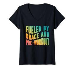 Damen Angetrieben durch Gnade und Preworkout Lustiges christliches T-Shirt mit V-Ausschnitt von Geschenke für christliche Fitnessstudio-Bekleidung