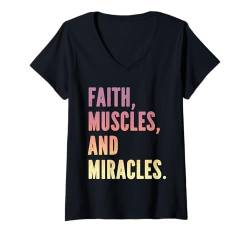 Damen Faith Muscles and Miracles Lustiges christliches T-Shirt mit V-Ausschnitt von Geschenke für christliche Fitnessstudio-Bekleidung