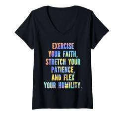 Damen Trainieren Sie Ihren Glauben Stretch Flex Lustiges T-Shirt mit V-Ausschnitt von Geschenke für christliche Fitnessstudio-Bekleidung